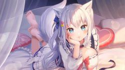 Rule 34 | 1girl, animal ear fluff, animal ears, barefoot, bed sheet, blue eyes, bow, breasts, commentary request, curtains, dress, feet, frilled dress, frills, hair between eyes, hand up, head rest, large breasts, legs up, long sleeves, lying, momoshiki tsubaki, noripro, official art, on stomach, pillow, puffy long sleeves, puffy sleeves, red bow, ribbon-trimmed dress, shirayuki mishiro, silver hair, soles, solo, tail, tail raised, the pose, toes, transparent, virtual youtuber, white dress