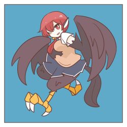 Rule 34 | 1girl, animal ears, big o pants, bird ears, bird legs, bird tail, black feathers, black skirt, black wings, blue background, blush stickers, bright pupils, brown vest, commentary, feathers, fio-chan (big o pants), harpy, highres, long hair, looking at viewer, monster girl, one eye closed, original, ponytail, red eyes, red hair, shirt, skirt, solo, tail, talons, vest, white pupils, white shirt, winged arms, wings