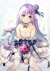 Rule 34 | 1girl, :d, ahoge, azur lane, bare shoulders, blurry, bouquet, choker, collarbone, commentary request, depth of field, detached sleeves, dress, earrings, flight deck, flower, hair bun, highres, jewelry, long hair, looking at viewer, machinery, one side up, open mouth, petals, puffy sleeves, purple eyes, purple hair, red flower, red rose, rose, side bun, single hair bun, single side bun, sitting, smile, solo, unicorn (a dream of pure vows) (azur lane), unicorn (azur lane), wedding dress, white dress, white legwear, winged unicorn, yoruhachi