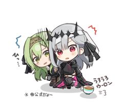 Rule 34 | 2girls, ^^^, black bow, black dress, black footwear, black gloves, blush stickers, bow, chibi, commentary request, cup, dress, gloves, goddess of victory: nikke, green eyes, green hair, grey hair, grey thighhighs, hair between eyes, hair bow, highres, juliet sleeves, kilo (nikke), long hair, long sleeves, modernia (nikke), modernia (second affection) (nikke), multiple girls, open mouth, parted lips, puffy long sleeves, puffy sleeves, red eyes, shadow, shoes, simple background, sleeves past wrists, standing, standing on one leg, tears, thighhighs, totatokeke, translation request, very long hair, white background, wide sleeves