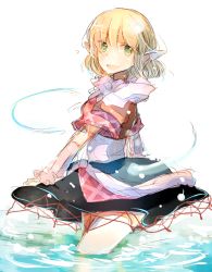 Rule 34 | 1girl, arm warmers, atoki, blonde hair, green eyes, highres, mizuhashi parsee, open mouth, pointy ears, sash, scarf, shirt, short sleeves, skirt, smile, solo, touhou, water