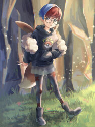 Rule 34 | 1girl, backpack, bag, black hoodie, blue hair, boots, brown bag, commentary request, creatures (company), day, full body, game freak, glasses, grass, grey eyes, hand in pocket, highres, hood, hoodie, kotomi (dygh5257), long sleeves, multicolored hair, nintendo, outdoors, pantyhose, penny (pokemon), poke ball print, pokemon, pokemon sv, print pantyhose, red hair, round eyewear, see-through, see-through skirt, short hair, skirt, smile, solo, standing, two-tone hair