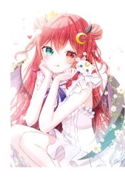 Rule 34 | 1girl, :q, absurdres, ahoge, blush, closed mouth, crescent, crescent hair ornament, crown, demon girl, demon horns, demon wings, double bun, dress, flower, frilled dress, frills, green eyes, hair between eyes, hair bun, hair flower, hair ornament, heart, heterochromia, highres, horns, long hair, looking at viewer, mini crown, nanoda ham, nijisanji, non-web source, petals, red eyes, red hair, ribbon, sleeveless, sleeveless dress, smile, solo, squatting, tongue, tongue out, two side up, very long hair, virtual youtuber, white background, white dress, white flower, wings, yuzuki roa