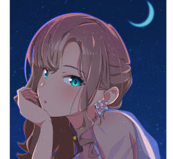 Rule 34 | 1girl, absurdres, blush, brown hair, crescent moon, dress, earrings, green eyes, gridman universe, gridman universe (film), hand on own chin, highres, jewelry, long hair, looking at viewer, minami yume, moon, night, night sky, open mouth, rickey, sky, solo, ssss.dynazenon, star (sky), upper body, white dress, zooming in