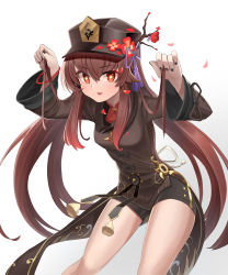 Rule 34 | 1girl, :3, absurdres, alternate headwear, black nails, black shorts, bracelet, brown hair, cabbie hat, chinese clothes, commentary, flower, genshin impact, ghost pose, hat, hat flower, hat ornament, highres, hu tao (genshin impact), jewelry, leaning forward, long hair, looking at viewer, nail polish, orange eyes, pang-yo, parted lips, petals, short shorts, shorts, sidelocks, simple background, smile, solo, symbol-shaped pupils, twintails, white background