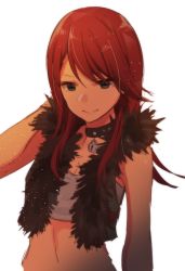 Rule 34 | 1girl, black eyes, closed mouth, collar, copyright request, fur-trimmed vest, fur trim, hand up, light particles, lock, long hair, looking at viewer, padlock, padlocked collar, red hair, rinto (rint rnt), simple background, smile, solo, tank top, upper body, vest, white background