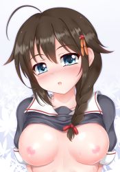 Rule 34 | 10s, 1girl, :o, ahoge, arms behind back, black serafuku, blue eyes, blush, bow, braid, brown hair, clothes lift, collarbone, commentary request, hair bow, hair flaps, hair ornament, hair over one eye, hairpin, head tilt, highres, kantai collection, leaf, leaf background, long hair, looking at viewer, nipples, no bra, nose blush, open mouth, red bow, school uniform, serafuku, shigure (kancolle), shigure kai ni (kancolle), shiny skin, shirt lift, short sleeves, single braid, sleeve cuffs, solo, sweat, tareme, unico kasumi, upper body