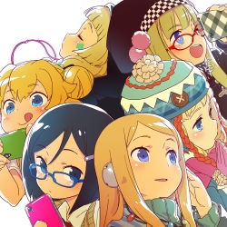 Rule 34 | 6+girls, :q, atlus, bespectacled, black hair, blonde hair, blue-framed eyewear, blue eyes, blush, cellphone, coat, commentary request, contemporary, double bun, etrian odyssey, closed eyes, fencer (sekaiju), fencer 2 (sekaiju), fortress (sekaiju), fortress 2 (sekaiju), glasses, gloves, gunner (sekaiju), gunner 2 (sekaiju), hair bun, hat, headphones, highres, himukai yuuji, holding, holding phone, long hair, looking at viewer, multiple girls, official art, one eye closed, open mouth, paladin (sekaiju), paladin 2 (sekaiju), parted lips, phone, pom pom (clothes), princess (sekaiju), princess 2 (sekaiju), profile, red-framed eyewear, sega, short hair, simple background, smartphone, smile, swordsman (sekaiju 4), swordsman 2 (sekaiju 4), tongue, tongue out, upper body, white background, winter clothes