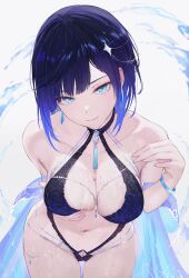 Rule 34 | 1girl, absurdres, bare shoulders, bikini, black bikini, black hair, blue bikini, blue eyes, blue hair, bracelet, breasts, cleavage, closed mouth, collarbone, commentary, cowboy shot, diagonal bangs, dice, earrings, english commentary, genshin impact, grabbing own breast, gradient hair, hair ornament, highres, jewelry, large breasts, looking at viewer, mole, mole on breast, multicolored hair, navel, neck tassel, paid reward available, parted lips, purple hair, qiandaiyiyu, short hair, smile, solo, stomach, swimsuit, thighs, water, wet, white background, yelan (genshin impact)