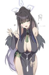 Rule 34 | 1girl, :d, animal ears, black dress, black hair, blue archive, breasts, bridal gauntlets, center opening, china dress, chinese clothes, cleavage, dress, feather boa, green eyes, halo, highres, kagerou (gigayasoma), large breasts, leaning forward, long hair, looking at viewer, open mouth, ponytail, shun (blue archive), sideboob, smile, solo, tassel, tiger ears
