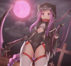 Rule 34 | 1girl, armor, belt buckle, black gloves, braid, breastplate, buckle, chain, cloak, clothing cutout, cloud, collar, covered navel, cross, fate/grand order, fate (series), full moon, gloves, gluteal fold, graveyard, highres, hip vent, holding, holding weapon, hood, hooded cloak, leotard, long hair, looking at viewer, medusa (fate), medusa (lancer) (fate), medusa (rider) (fate), moon, night, night sky, outdoors, purple eyes, purple hair, purple moon, reinama, rider, scythe, side cutout, sidelocks, single braid, sky, solo, sparkle, thighhighs, tombstone, very long hair, weapon, white thighhighs