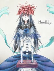 Rule 34 | 10s, 1girl, 9nnya, akemi homura, black hair, bone, closed mouth, crying, crying with eyes open, dress, flower, homulilly, long hair, looking at viewer, magical girl, mahou shoujo madoka magica, mahou shoujo madoka magica: hangyaku no monogatari, purple eyes, ribs, simple background, skeletal arm, solo, spider lily, spine, spoilers, stocks, tears, text focus, typo, white background, witch (madoka magica)