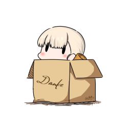 Rule 34 | 1girl, blonde hair, blunt bangs, box, cardboard box, dated, german text, hair ornament, hatsuzuki 527, in box, in container, kantai collection, long hair, shin&#039;you (kancolle), side ponytail, simple background, solid oval eyes, solo, translated, twitter username, white background