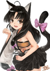 Rule 34 | 1girl, ahoge, animal ears, bandeau, black hair, black skirt, bow, breasts, brown eyes, cat ears, cat tail, commentary request, cowboy shot, dated, eyebrows, fang, hadanugi dousa, hair bow, highres, kantai collection, kemonomimi mode, long hair, long sleeves, looking at viewer, low-tied long hair, open mouth, paw pose, pink ribbon, pleated skirt, ribbon, shouhou (kancolle), signature, simple background, skirt, small breasts, smile, solo, tail, tail bow, tail ornament, tail ribbon, tasuki, toka (marchlizard), white background, wide sleeves