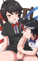 Rule 34 | 1futa, 1girl, :&gt;=, ahoge, asymmetrical wings, black dress, black hair, blue bow, blue bowtie, blue wings, bottomless, bow, bowtie, breasts, bunsuirei, center frills, chair, cone horns, dress, erection, fellatio, frills, full-package futanari, futa with female, futanari, grey horns, handjob, highres, horns, houjuu nue, kijin seija, licking lips, looking at another, multicolored hair, oral, penis, red bow, red bowtie, red eyes, red hair, red wings, short dress, short hair, sitting, small breasts, smile, testicles, tongue, tongue out, touhou, uncensored, veins, veiny penis, white dress, white hair, wings