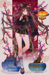 Rule 34 | 1girl, black hat, black nails, black shorts, branch, brown hair, chinese clothes, cloud, egasumi, flower, flower-shaped pupils, genshin impact, hat, hat flower, highres, hu tao (genshin impact), jewelry, kippeijii, lantern, long hair, long sleeves, looking at viewer, nail polish, pointing, pot, red eyes, red flower, ring, shoes, shorts, smile, socks, solo, symbol-shaped pupils, tassel, tree, twintails, very long hair