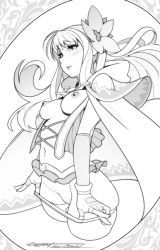 Rule 34 | 1girl, armor, blush, breasts, cape, commentary, cowboy shot, cropped legs, english commentary, erotibot, female focus, fina (ff be), final fantasy, final fantasy brave exvius, floating hair, flower, from side, greyscale, hair flower, hair ornament, long hair, medium breasts, monochrome, nipples, panties, panty pull, parted lips, pauldrons, pulled by self, shoulder armor, signature, solo, standing, underwear