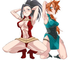 Rule 34 | 10s, 2girls, absurdres, aqua eyes, arm up, armpits, arms behind back, bare arms, black eyes, black hair, blush, boku no hero academia, boots, breasts, chinese clothes, cleavage, closed mouth, dress, highres, kendou itsuka, kneeling, leotard, long hair, looking at viewer, medium breasts, multiple girls, nukewaffle, open leotard, orange hair, ponytail, simple background, sleeveless, sleeveless dress, smile, spread legs, squatting, white background, yaoyorozu momo