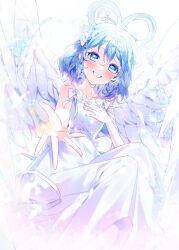 Rule 34 | 1girl, absurdres, blue eyes, blue hair, bow, collarbone, eyelashes, feathers, grin, hair between eyes, hair ornament, hair rings, hair stick, hand on own chest, highres, it po (sss cmy), kaku seiga, looking at viewer, reaching, reaching towards viewer, short hair, smile, solo, touhou, white bow, white feathers, white wings, wings