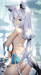 Rule 34 | 1girl, absurdres, animal ear fluff, animal ears, arched back, ass, back, bare arms, bare shoulders, bikini, blue eyes, breasts, commentary request, cowboy shot, fox ears, fox girl, fox tail, highres, hololive, long hair, looking at viewer, low ponytail, medium breasts, scottie (phantom2), shirakami fubuki, side-tie bikini bottom, solo, standing, swimsuit, tail, untied bikini, very long hair, virtual youtuber, wet, white bikini, white hair