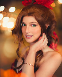 Rule 34 | 1girl, aerith gainsborough, aerith gainsborough (cosplay), breasts, briana white, brown hair, cosplay, dress, final fantasy, final fantasy vii, final fantasy vii remake, green eyes, highres, looking at viewer, photo (medium), red dress, smile, square enix, voice actor connection