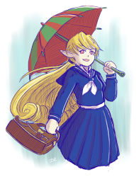 Rule 34 | 1girl, artist request, bag, blonde hair, curly hair, drawfag, fang, long hair, marivel armitage, open mouth, pointy ears, red eyes, school uniform, serafuku, smile, solo, source request, umbrella, wild arms, wild arms 2