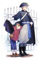 Rule 34 | 2boys, :|, animal bag, ankle boots, arms up, bag, belt, bicorne, black cape, black footwear, blue eyes, blue headwear, blue jacket, blue pants, blue sash, boots, brown footwear, cape, cape lift, child, closed mouth, coattails, crise, fence, full body, gloves, gold trim, hand on hilt, hat, highres, iron fence, jacket, looking ahead, looking at another, male focus, multiple boys, outdoors, outstretched hand, pants, parted bangs, pixiv fantasia, pixiv fantasia scepter of zeraldia, profile, rain, red jacket, sash, shirt, shoes, short hair, shoulder bag, side cape, standing, uniform, white belt, white gloves, white hair, white pants, white shirt, ywain (pfsoz)