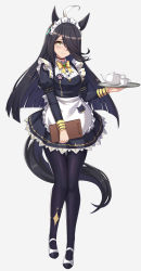 Rule 34 | 1girl, ahoge, animal ears, bad id, bad twitter id, black choker, black hair, black pantyhose, black skirt, bow, choker, closed mouth, commentary, dot nose, frilled skirt, frills, full body, hair over one eye, highres, holding, holding menu, holding tray, horse ears, horse girl, horse tail, knees together feet apart, long hair, long sleeves, looking at viewer, maid, manhattan cafe (umamusume), menu, pantyhose, paw print, simple background, skirt, smile, solo, tail, teapot, tray, umamusume, vococo, white background, white footwear, yellow bow, yellow eyes