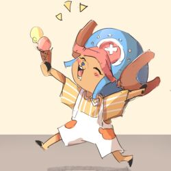 Rule 34 | 1boy, ^ ^, antlers, blue hat, blush, closed eyes, commentary, cross, duckprotector26, food, happy, hat, holding, holding ice cream cone, horns, ice cream, ice cream cone, male focus, one piece, open mouth, orange shirt, overalls, pink hat, reindeer antlers, shirt, striped clothes, striped shirt, tony tony chopper, walking, white overalls