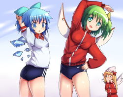 Rule 34 | &gt; &lt;, 3girls, alternate costume, arm up, arms behind back, ass, blonde hair, blue eyes, blue hair, bow, buruma, cirno, cloud, daiyousei, closed eyes, fairy wings, green hair, gym uniform, hair bow, hakkotsu shitai, hat, hat bow, ice, ice wings, jacket, lily white, long hair, long sleeves, multiple girls, open mouth, shirt, short sleeves, side ponytail, sneezing, stretching, touhou, track jacket, track suit, training, wings
