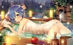 Rule 34 | 1girl, absurdres, apple, arm support, ass, ayamy, bare arms, bare shoulders, bathing, blue eyes, blue hair, blurry, blurry foreground, blush, breasts, bucket, closed mouth, creature, depth of field, fireflies, food, forest, from side, fruit, hair ornament, hakugei (re:zero), hanging breasts, highres, light, looking at viewer, looking to the side, medium breasts, naked towel, nature, outdoors, outstretched arms, partially submerged, re:zero kara hajimeru isekai seikatsu, rem (re:zero), scan, shiny skin, short hair, smile, solo, steam, tareme, towel, tree, water, wet, wet hair, wooden bucket, x hair ornament
