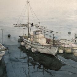 Rule 34 | boat, highres, mast, mouen tw, no humans, original, painting (medium), reflection, reflective water, rope, traditional media, vehicle focus, water, watercolor (medium), watercraft