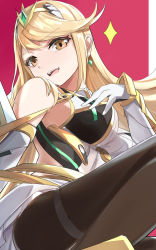 Rule 34 | 1girl, backless dress, backless outfit, bare shoulders, black pantyhose, blonde hair, breasts, brown eyes, diamond (shape), dress, from below, gold trim, hand on own chest, highres, impossible clothes, large breasts, leotard, long hair, looking at viewer, mythra (massive melee) (xenoblade), mythra (xenoblade), nintendo, open mouth, pantyhose, pink background, simple background, skindentation, smile, super smash bros., swept bangs, thigh strap, tiara, tomas (kaosu22), very long hair, xenoblade chronicles (series), xenoblade chronicles 2, yellow eyes