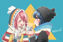 Rule 34 | 2girls, absurdres, beanie, black headwear, blue background, blue hair, blush, closed eyes, closed mouth, commentary request, copyright name, cup, fingerless gloves, gloves, hat, highres, holding, holding cup, hood, hood up, kagamihara nadeshiko, kashikaze, long hair, long sleeves, looking at another, multiple girls, open mouth, outline, pink hair, red eyes, scarf, shima rin, smile, steam, teeth, triangle background, two-tone background, upper body, upper teeth only, white outline, yellow background, yellow gloves, yurucamp