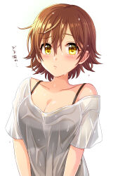 Rule 34 | 1girl, :t, absurdres, black camisole, blush, breasts, brown eyes, brown hair, camisole, cleavage, collarbone, highres, honda mio, idolmaster, idolmaster cinderella girls, idolmaster cinderella girls starlight stage, looking at viewer, medium breasts, polka dot, popon ta, pout, shirt, short hair, short sleeves, simple background, single bare shoulder, single off shoulder, solo, translated, upper body, water drop, wet, wet clothes, wet hair, wet shirt, white background, white shirt