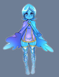 Rule 34 | 1girl, :&lt;, aged down, alternate legwear, bad id, bad pixiv id, blue eyes, blue hair, blue skin, brooch, cape, child, colored skin, dress, fi (zelda), forehead jewel, frown, full body, grey background, highres, jewelry, maniacpaint, matching hair/eyes, nintendo, no arms, parted bangs, pigeon-toed, short dress, short hair, simple background, solo, standing, the legend of zelda, the legend of zelda: skyward sword, thigh gap, thighhighs, zettai ryouiki