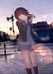 Rule 34 | 1girl, aiming, aiming at viewer, black jacket, black socks, blazer, blurry, breath, brown hair, building, camera, cardigan, cold, commentary request, day, depth of field, floating hair, grey skirt, grin, hair between eyes, highres, holding, holding camera, house, jacket, kneehighs, lamppost, lens flare, looking at viewer, miniskirt, motion blur, natsutora, open clothes, open jacket, original, outdoors, pavement, plaid, plaid scarf, pleated skirt, power lines, railing, road, scarf, school uniform, skirt, sky, sleeves past wrists, smile, snowing, socks, solo, standing, street, taking picture, traffic light, utility pole, wind, winter, yellow eyes