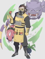 Rule 34 | 1boy, 5-en, animification, apex legends, ariados, bad id, bad pixiv id, beard, black eyes, black footwear, black pants, boots, brown hair, caustic (apex legends), clenched hand, creatures (company), crossover, facial hair, game freak, gen 1 pokemon, gen 2 pokemon, gloves, goggles, green eyes, grey background, hair behind ear, highres, nintendo, oddish, open hand, pants, poke ball, poke ball (basic), pokemon, pokemon (creature), trait connection, twitter username, weezing, yellow gloves