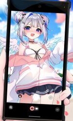 Rule 34 | 1girl, :d, amane kanata, angel wings, arm at side, bare shoulders, bikini, bikini under clothes, black bow, black choker, black ribbon, black skirt, blunt bangs, blush, bow, bow bikini, breasts, cellphone, choker, cowboy shot, double bun, embarrassed, eyelashes, falling petals, frilled bikini, frills, furrowed brow, grey hair, hair bow, hair bun, hair intakes, hair ornament, hair ribbon, hand up, holding, holding phone, hololive, jacket, long sleeves, looking at viewer, miniskirt, multicolored hair, multicolored jacket, multiple hair bows, off shoulder, open clothes, open jacket, open mouth, partially unzipped, pendant choker, petals, phone, pink bow, pleated skirt, purple eyes, ribbon, short hair, short hair with long locks, sidelocks, skirt, sleeves past wrists, small breasts, smartphone, smile, solo, standing, streaked hair, sweat, swimsuit, taking picture, two-tone jacket, virtual youtuber, wavy mouth, white bikini, wings, x hair ornament, zipper