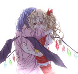 Rule 34 | 2girls, backlighting, bat wings, blonde hair, blue hair, blush, bow, covered mouth, cowboy shot, crying, crying with eyes open, female focus, flandre scarlet, hair bow, hug, multiple girls, r-a-d-w-i-m-p-s, red eyes, remilia scarlet, short hair, siblings, side ponytail, silver hair, simple background, sisters, tears, touhou, white background, wings