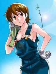 Rule 34 | 00s, 1girl, breasts, brown eyes, brown hair, fate/stay night, fate (series), fujimura taiga, gloves, inue shinsuke, naked overalls, overalls, short hair, solo, sun, sweat
