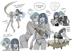 Rule 34 | 2others, :d, :o, absurdres, androgynous, angry, aqua eyes, aqua hair, belt, blue eyes, blue hair, blunt bangs, book, collared shirt, colored skin, cropped legs, english text, frown, gem uniform (houseki no kuni), gold, golden arms, high collar, highres, hime cut, houseki no kuni, hug, iciriini, lapis lazuli (houseki no kuni), loafers, long hair, looking at viewer, melting, molten metal, moon uniform (houseki no kuni), multiple others, multiple views, nail polish, necktie, open mouth, other focus, parted bangs, phosphophyllite, portrait, puffy short sleeves, puffy sleeves, reading, see-through, see-through sleeves, shirt, shoes, short hair, short jumpsuit, short shorts, short sleeves, shorts, sidelocks, sitting, sitting on person, smile, speech bubble, v-shaped eyebrows, white belt, white shirt, white skin, wide sleeves, wing collar