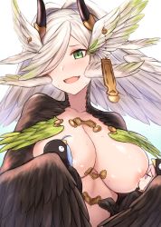 Rule 34 | bird costume, breast sucking, breasts, cai geng, collarbone, double breast sucking, elil (granblue fantasy), gradient background, gradient hair, granblue fantasy, green eyes, green hair, hair over one eye, head wings, horns, lactation, large breasts, multicolored hair, white hair, wing ornament, wings