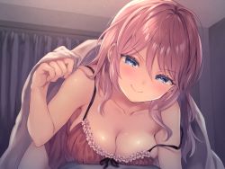 Rule 34 | 1girl, bare arms, bare shoulders, blanket, blue eyes, blush, bra, breasts, brown bra, calm mashiro, cleavage, closed mouth, collarbone, commentary request, curtains, girl on top, half-closed eyes, indoors, large breasts, lingerie, long hair, looking at viewer, naughty face, nightgown, original, pink hair, smile, solo, strap slip, under covers, underwear, underwear only