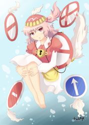 Rule 34 | 1girl, artist name, barefoot, blue background, bubble, expressionless, feita (counterfeit), full body, hair bobbles, hair ornament, hat, hugging own legs, kawashiro mitori, layered sleeves, lock, long sleeves, looking at viewer, no entry sign, one way sign, original, parted lips, pink hair, proceed straight sign, puffy sleeves, red eyes, road closed sign, road closed to all sign, road closed to vehicles sign, road sign, short hair, side ponytail, sign, simple background, skirt, solo, straight ahead sign, tassel, touhou, underwater