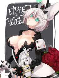 Rule 34 | 1girl, animal ears, breasts, choker, cleavage, clover, collar, collarbone, elphelt valentine, english text, fake animal ears, fingerless gloves, flower, gloves, green eyes, grey hair, guilty gear, guilty gear xrd, large breasts, looking at viewer, maka (morphine), parted lips, rabbit ears, rose, solo, spiked collar, spikes