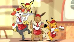 Rule 34 | 1other, 3girls, blonde hair, braixen, brown hair, cake, clipboard, closed eyes, creatures (company), cup, eevee, food, furry, furry female, game freak, gen 1 pokemon, gen 2 pokemon, gen 6 pokemon, hat, joao pereira, legs, multiple girls, nintendo, open mouth, orange eyes, pen, pichu, pikachu, plate, pokemon, pokemon (creature), pokemon cafe remix, shortstack, smile, standing, thick thighs, thighs, wide hips