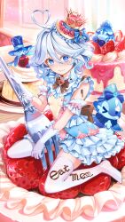 1girl absurdres blue_dress blue_eyes blue_hair bow bowtie brown_bow brown_bowtie cake cherry chocolate dress drop-shaped_pupils eyelash_ornament food fork fruit furina_(genshin_impact) genshin_impact gentilhomme_usher gloves gomatea0392 grey_hair hair_between_eyes hat heterochromia highres jewelry light_blue_hair looking_at_viewer medium_hair mismatched_pupils multicolored_hair pudding solo strawberry streaked_hair surintendante_chevalmarin symbol-shaped_pupils tears thighhighs top_hat white_gloves white_hair white_thighhighs