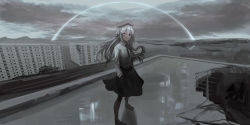 Rule 34 | 1girl, beret, black bow, black footwear, black hair, black hat, black pantyhose, black skirt, bow, braid, building, chihuri, cloud, cloudy sky, collared shirt, day, dress shirt, eve (chihuri), floating hair, glowing, gradient hair, grey eyes, grey hair, grey shirt, hair between eyes, hair bow, hands in pockets, hat, heterochromia, highres, loafers, long hair, long sleeves, looking at viewer, mountain, multicolored hair, original, outdoors, pantyhose, parted lips, pink eyes, red pupils, rooftop, ruins, shirt, shoes, skirt, sky, solo, standing, very long hair