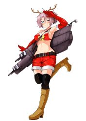 Rule 34 | 10s, 1girl, ;), alternate costume, antlers, aoba (kancolle), arm up, armpits, bare shoulders, belt, black thighhighs, blue eyes, blush, boots, breasts, brown footwear, christmas, elbow gloves, fake horns, gloves, hair between eyes, horns, kantai collection, knee boots, leg up, looking at viewer, medium breasts, messy hair, midriff, miyoshi (triple luck), navel, one eye closed, pink hair, ponytail, red gloves, reindeer antlers, ribbon, salute, scrunchie, shorts, simple background, smile, solo, standing, standing on one leg, thighhighs, transparent background, turret, yellow ribbon, zettai ryouiki